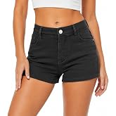 Lunaaevi Women's High Waisted Stretch Cotton Denim Shorts Casual Summer | High-waisted stretch-cotton denim shorts in black with casual summer jean-short styling.