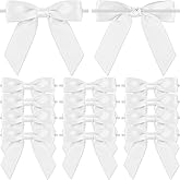 50 Pcs White Satin Ribbon Twist Tie Bows, 3.5'' Pre-Tied Satin Ribbon Small Bows Premade Bows for Gift Wrapping Cake DIY Crafts Treat Bags Christmas Wreath Wedding Birthday Party Decorations