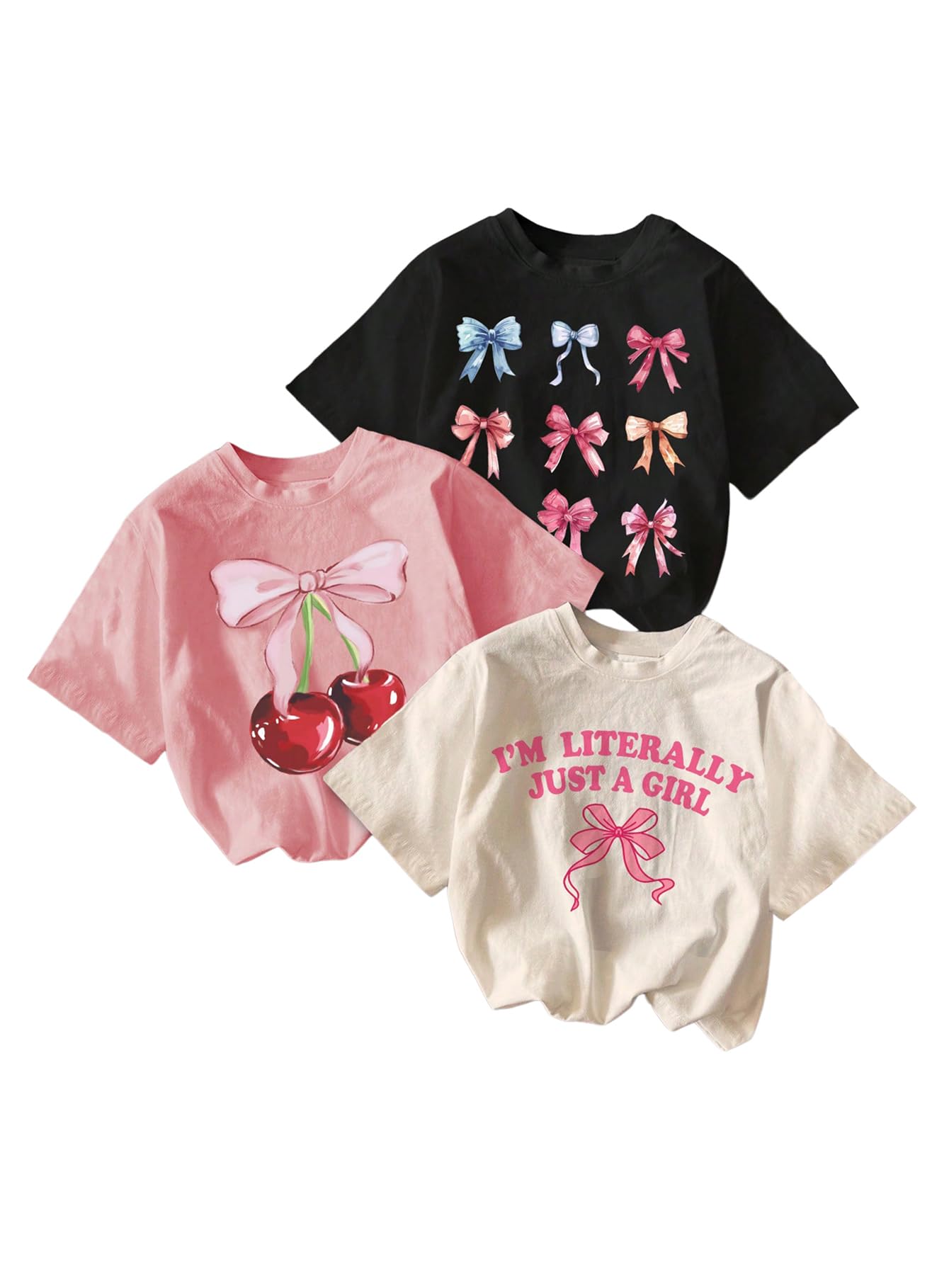Photo 1 of ( 2 PC, NO PINK)RoseSeek Girl's Bow Cherry Graphic Tees Short Sleeve Crewneck Cute T Shirts Tops for Teens Summer Tops Beige Pink Black 11 Years