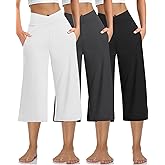 Kivdol 3 Pack Womens Wide Leg Yoga Capris Crossover High Waist Casual Capri Pants Loose Soft Pajama Pockets Sweatpants