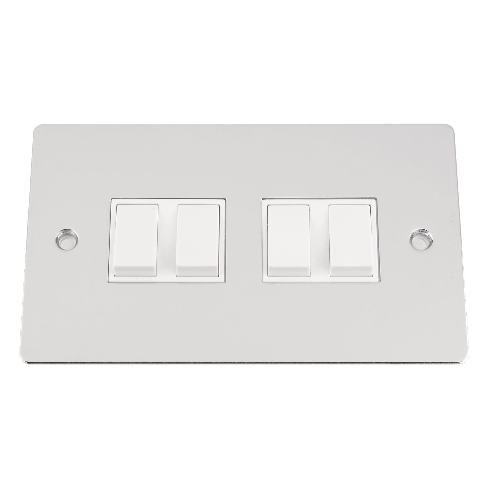 Light Switch 4 Gang - Polished Chrome - Flat - White Insert Plastic Switch - 10 Amp Quad 4 Gang 2 Way