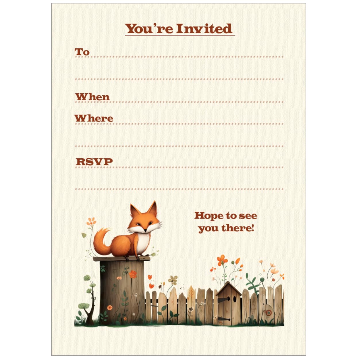 Wild And Arty Fun Fox On Fence Birthday Party Invitations - White Envelopes - Pack of 20