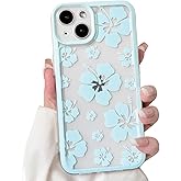 Lovmooful Compatible for iPhone 14 Case Clear Cute Floral Flower Hibiscus with Color Edge Design for Girls Women Soft TPU Shockproof Protective Girly for iPhone 14 Case-Blue