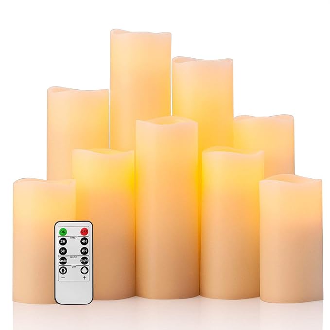 Eldnacele Flickering Flammenlose Kerzen Säule LED-Kerzen mit Fernbedienung Timer Set von 9 (H 4'5' 6'7' 8'9' x D 2,2') Echtwa