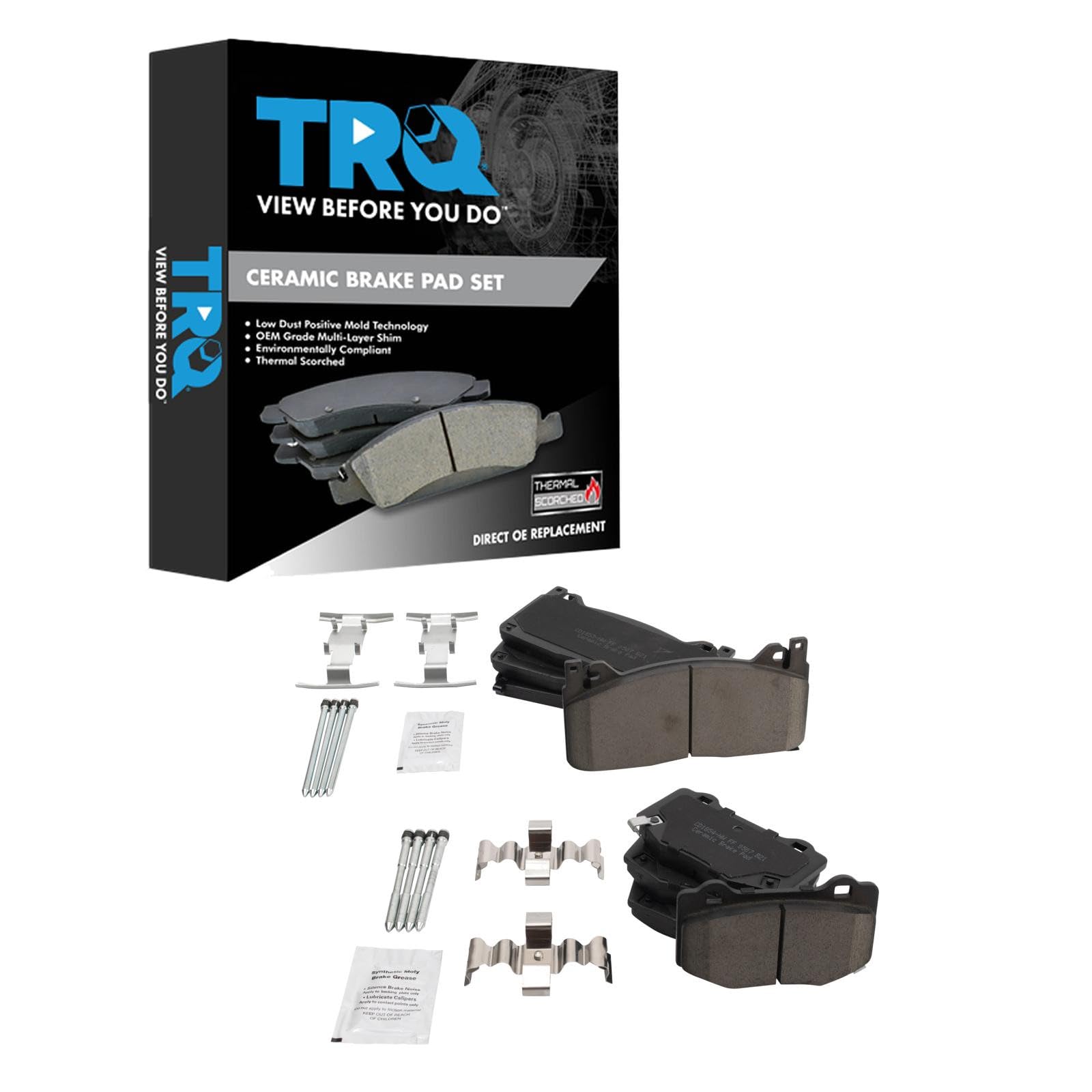TRQ Front and Rear Brake Pad Set Ceramic Hardware Compatible with 2015-2020 Ford Mustang Image