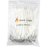 EricX Light 100 Piece Natural Candle Wick, Low Smoke 6" Pre-Waxed &amp; 100% Natural Cotton Core,For Candle Making,Candle DIY