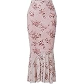 Milumia Women's Floral Mesh Ruffle Hem Maxi Skirt High Waisted Fishtail Long Skirts