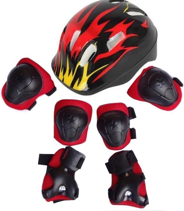 1Set(Black+Red) 7 in 1 Sports Skateboard Protection Sets Cycling Roller Skating Helmet/Elbow Pads/Knee Pads/Wrist Pads Safety Protective Guard Gear for Kids Children(M for 8-12 years old)