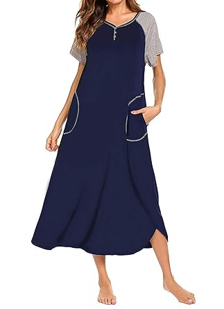 Odosalii Damen Lang Nachthemd Kurzarm Nachtkleid Knopfleiste Sleepshirt Baumwolle Schwangere Lose Schlafanzug mit Taschen