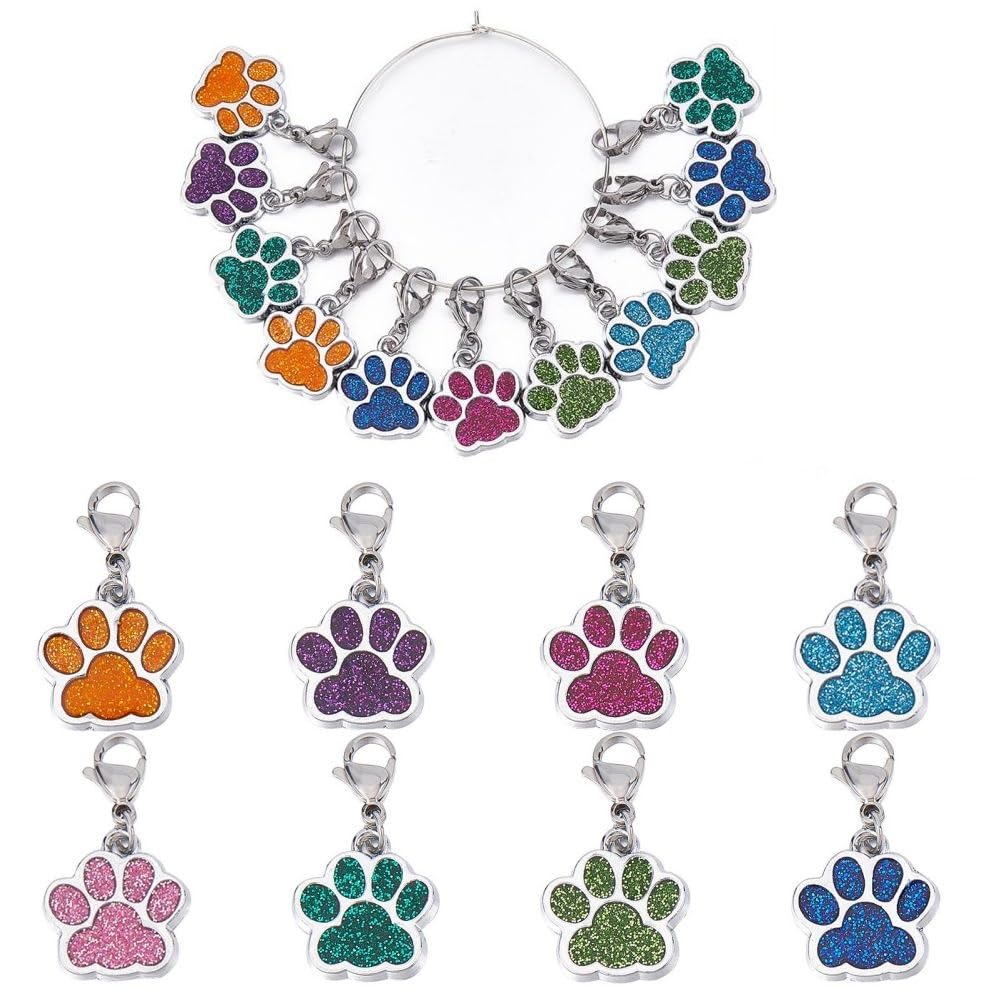SUNNYCLUE 1 Box 16Pcs Knitting Stitch Markers Cute Pet Paw Dog Cat Paws Enamel Charms Lobster Clasp Charms Removable Locking Crochet Clip on Bracelets Charms for Sewing Weaving DIY Zipper Pull Charm
