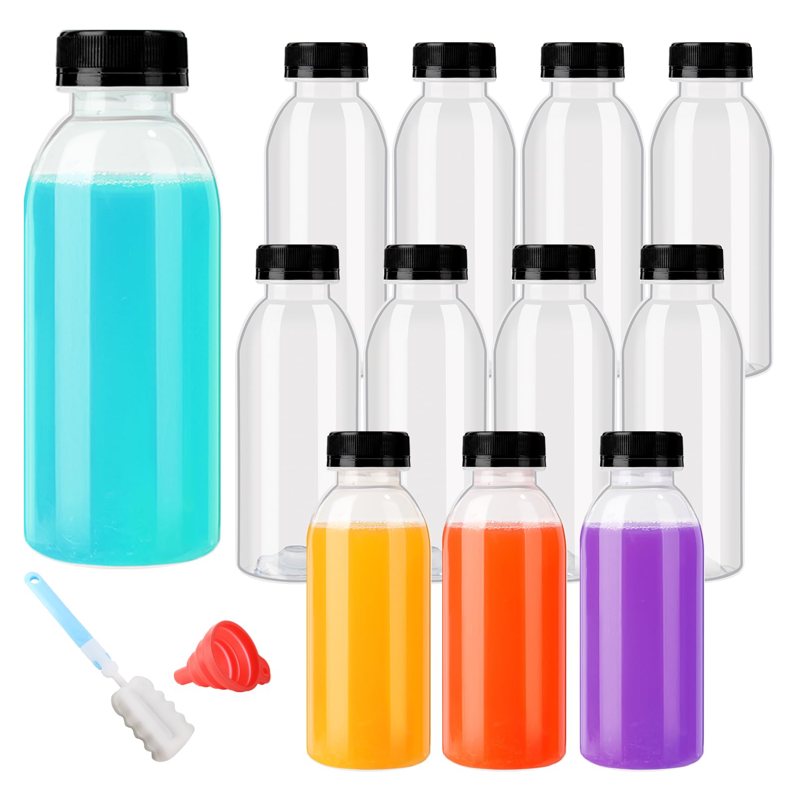 YBCPACK 12 Pack Plastic Juice Bottles with Lids, 450ml/16oz Heat Resistant Reusable Empty Shot Bottles for Hot and Cold Drinks, Water, Juice, Milk, Smoothie, Ginger (Dishwasher-Safe) — image 1
