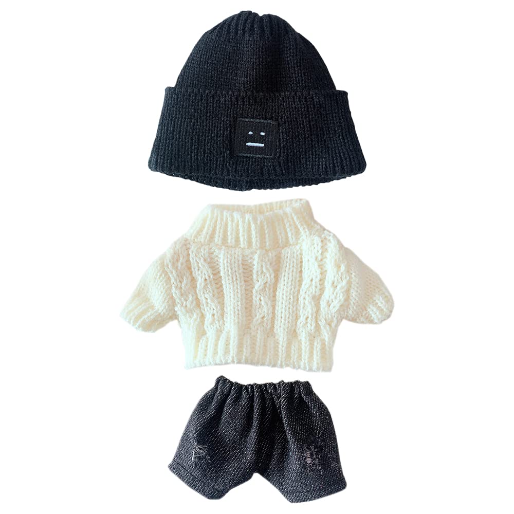 niannyyhouse Doll Clothes Suit 20cm Plush Doll Clothes Square Face Hat White Sweater Denim Shorts 8in Kpop Stuffed Doll Clothing Dressup (Black)