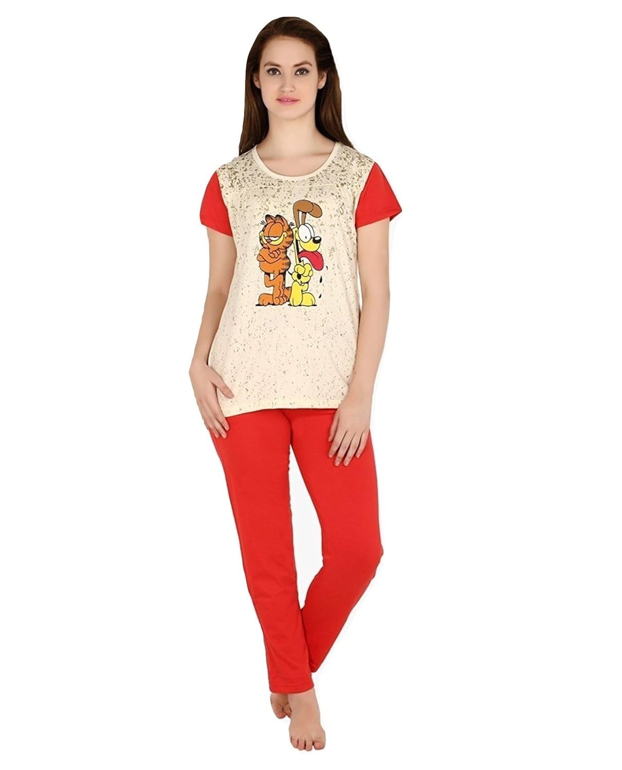 nightwear for women - night suit - summer wear - top & pyjama combo set - sinker material - red color - half sleeves - branded valentine women's night wear -