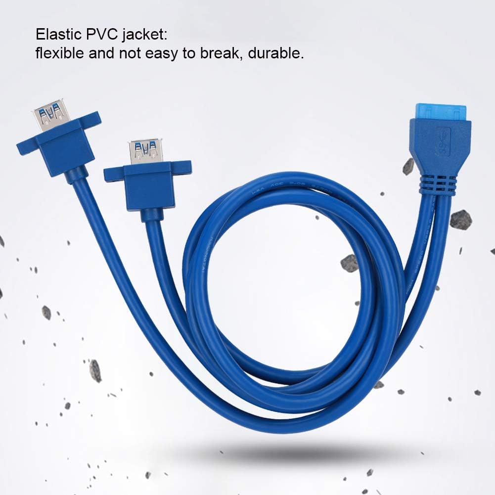 ASHATA USB3.0 Data Cable,USB3.0 19PIN TO 2AF Front Motherboard Panel Mount Cable with Screw Hole,USB3.0 Cable With One 19pin/20pin Female Mother,Double USB3.0 A Female,Blue(0.8m) - Image 3