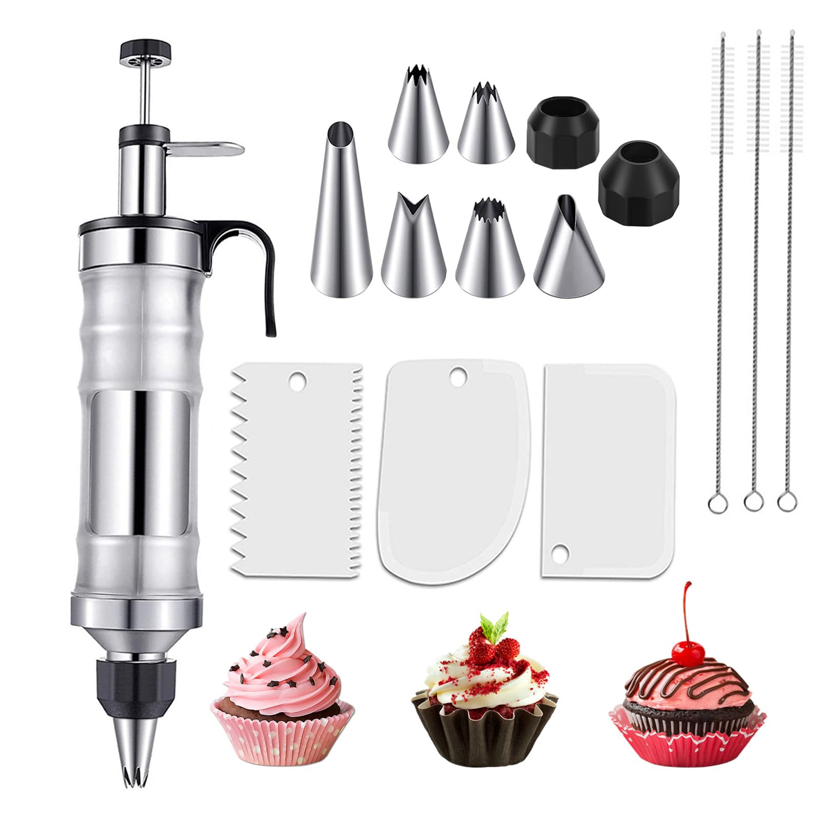 Icing Piping Kits,Stainless Steel Cake Decorating Syringe Set with 6 Piping Nozzles & 3 Cream Scrapers,15-Piece Professional Baking Tools for Cupcakes,Cookies & Pastries -Silver