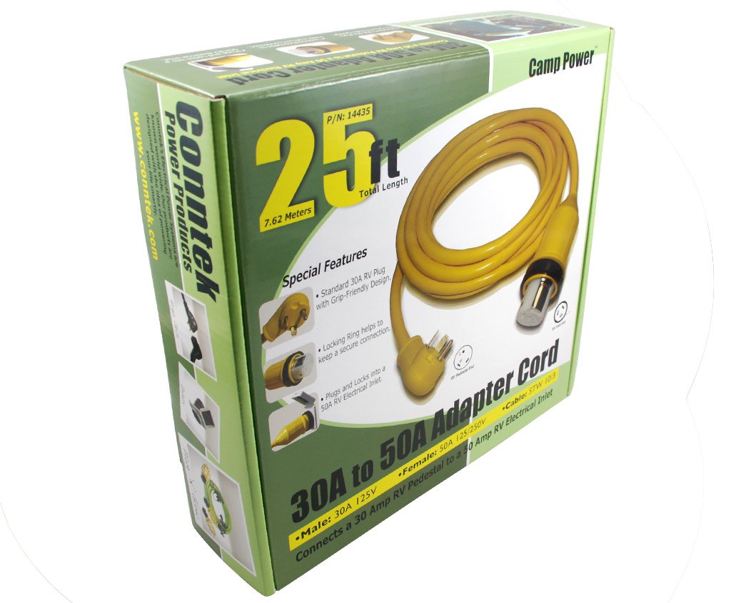 Conntek RV 30 Amp Male Plug to 50 Amp 125/250 Volt Locking Connector Cable with Glowing Strip (White, 25-Feet)