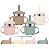 EsOfficce Baby Sippy Cups, 7.4 Oz Stainless Steel Training Cup with Silicone Straws, 3 Stages for Infants Toddlers 6-12 Month and Kids 1-3 Year, 4 Colors