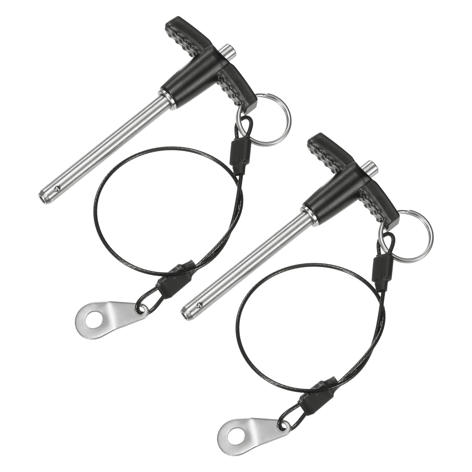 M METERXITY 2-Pack T Handle Lock Pins, 1/4"(6mm) Dia. 1-31/32"(50mm) Usage Length Push-Button Quick Release Locking Pins W Lanyard Cable for Speaker/Aviation/Gym/Machine [304 Stainless Steel]