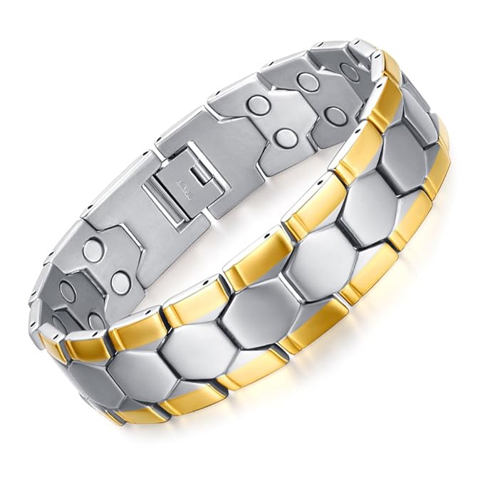 JFUME Herren Armband 18k Gold Magnete Energietherapie Männer Armband aus Edelstahl für Arthritis Schmerzlinderung 21.5cm