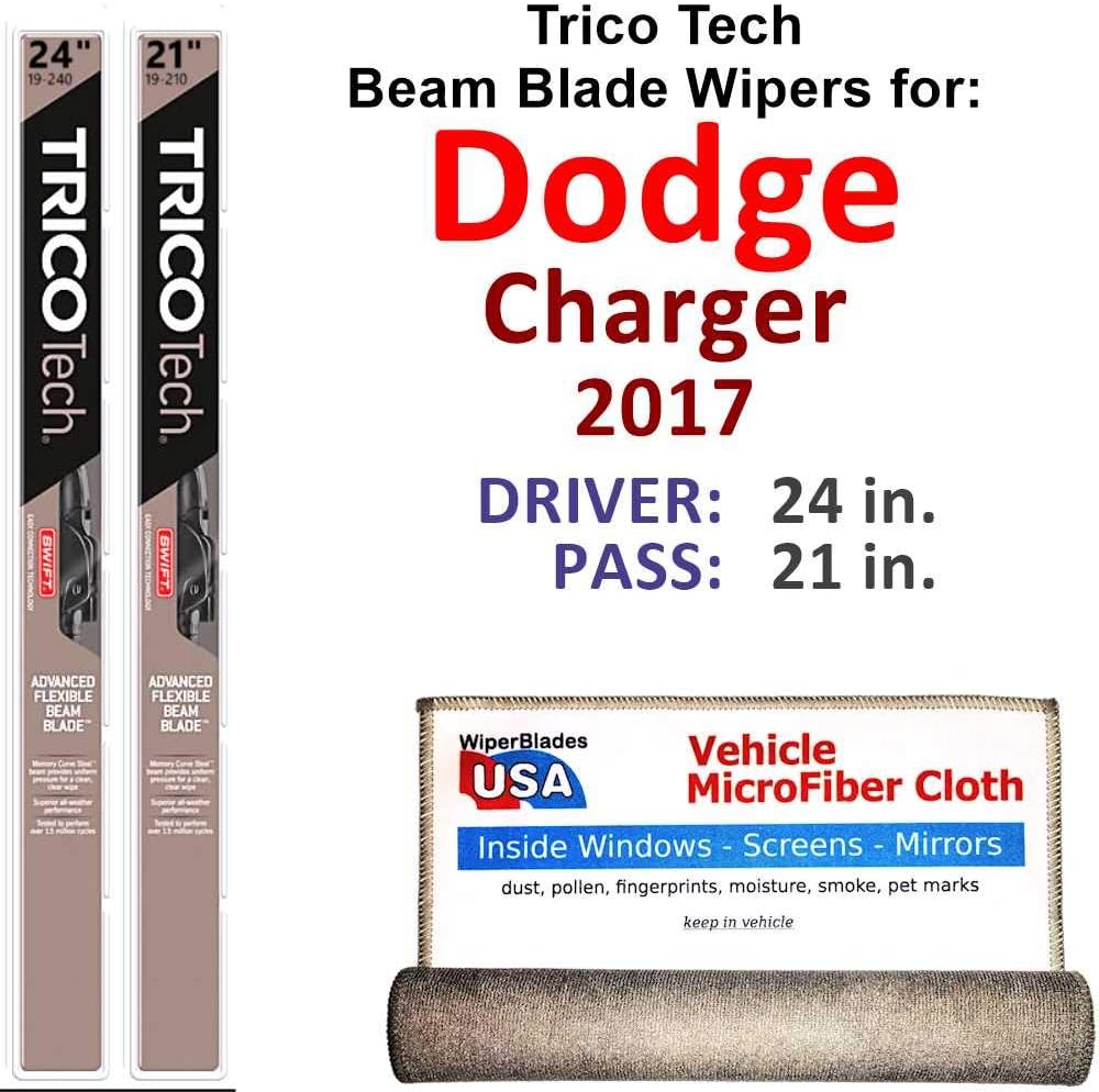 Beam Wiper Blades for 2017 Dodge Charger Driver & Passenger Trico Tech Beam Blades Wipers Set of 2 Bundled with Bonus MicroFiber Interior Car Cloth