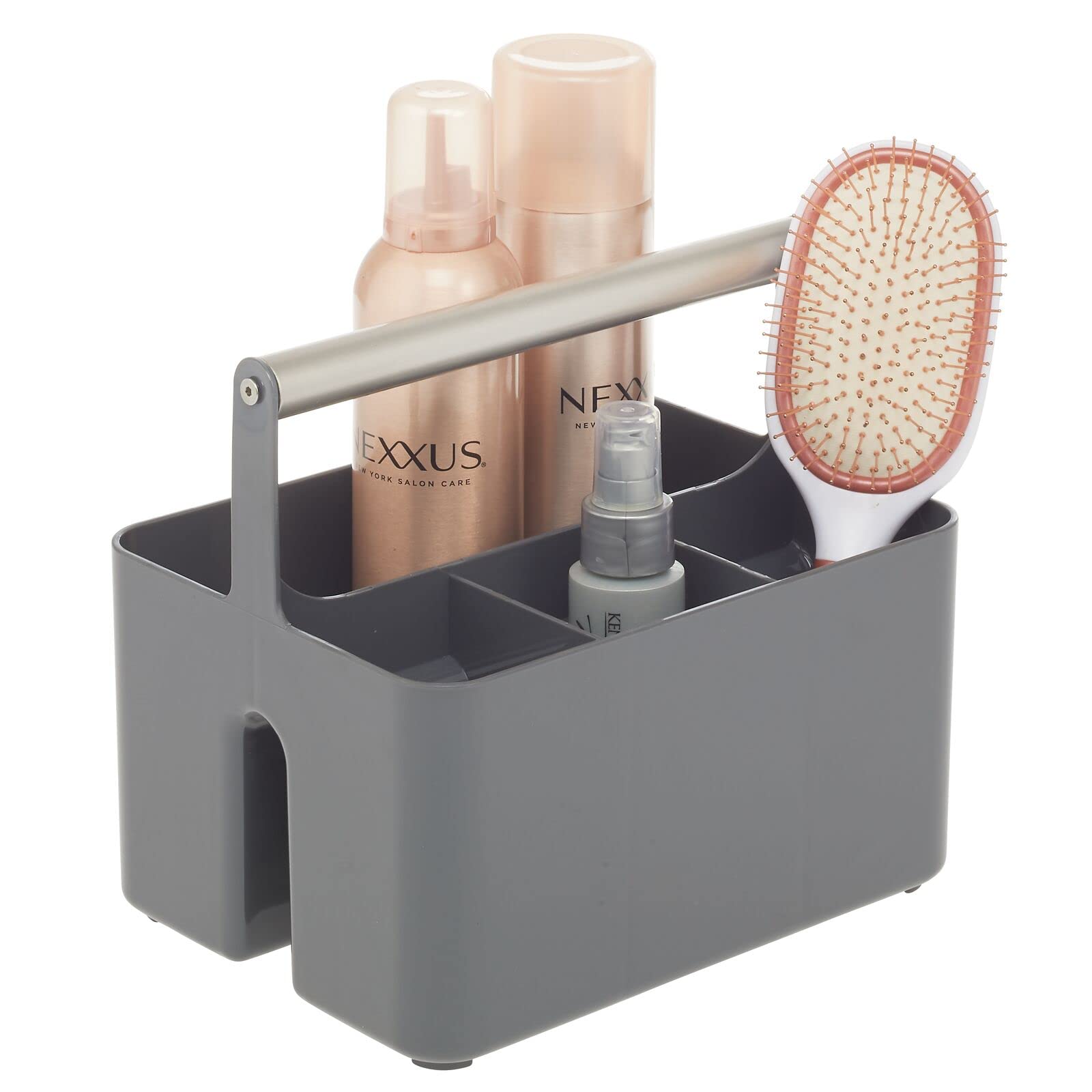 mDesign Under Sink Storage – Plastic and Metal Bathroom Caddy – Portable Cosmetics Storage Organiser – Dark Grey/Matte Silver