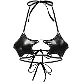 SweatyRocks Women's Y2k Punk PU Leather Star Halter Top Strappy Bralette | Tie Backless, Leather Criss Cross Crop Tops Bra, Sexy, Y2k Rave Bra, Festival Concert Outfits, Rave Outfit