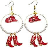 Western Cowboy Boot Earrings Big Hoop Earrings for Her, Beads Dangle Ear Decoration, Enamel Hat Bohemian Creative Cowgirl Jewelry