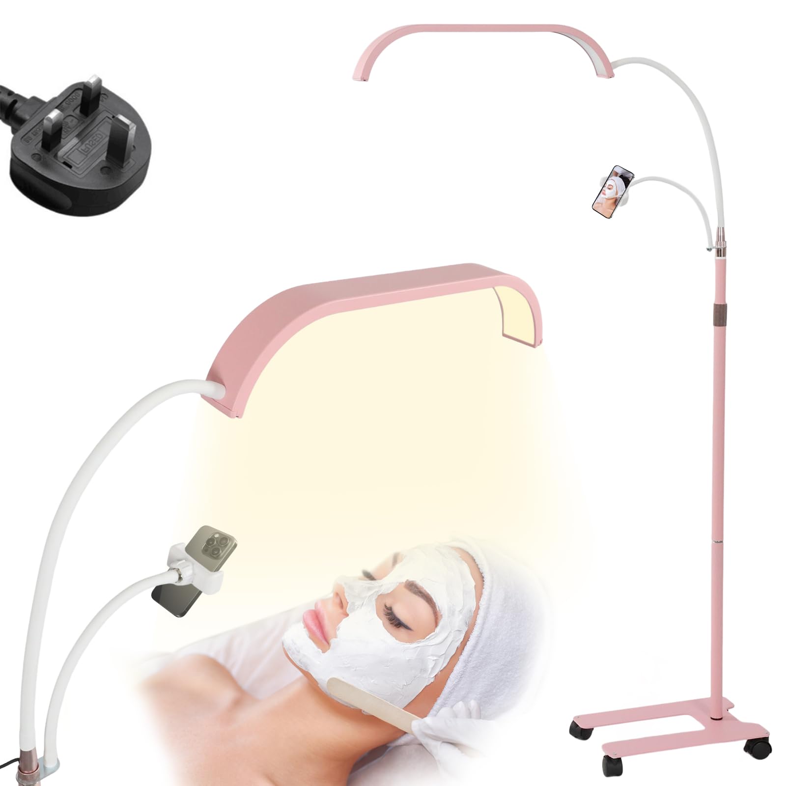Half Moon Light for Lashes, Lash Light for Eyelash Tech with Wheels, Flexible Bracket LED Floor Light with Phone Holder, with 50cm Swing Arm, 7Colors & Stepless Dimming, Half-Moon Extensions (Pink)