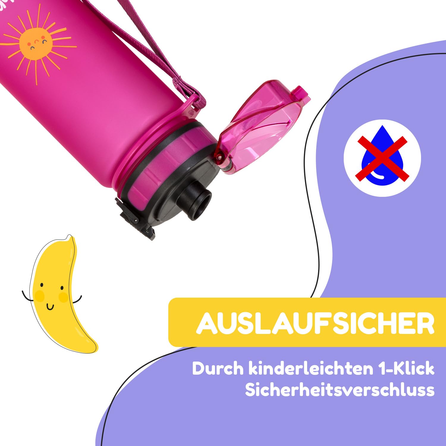 schmatzfatz Kinder Trinkflasche 400ml, Sport für Schule Kindergarten, 1-Klick Verschluss, Geschmacksneutrale Wasserflasche, Auslaufsicher mit Fruchteinsatz, BPA-Frei 2