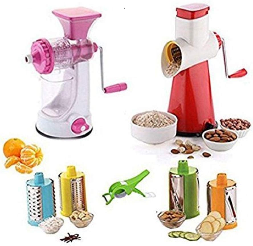 HKC House Heavy Manual Fruit and Vegetable Juicer +New 4 in 1 Drum Grater Shredder Slicer Plastic, Steel Hand Juicer Multicolor Kitchen Tool Set Combo