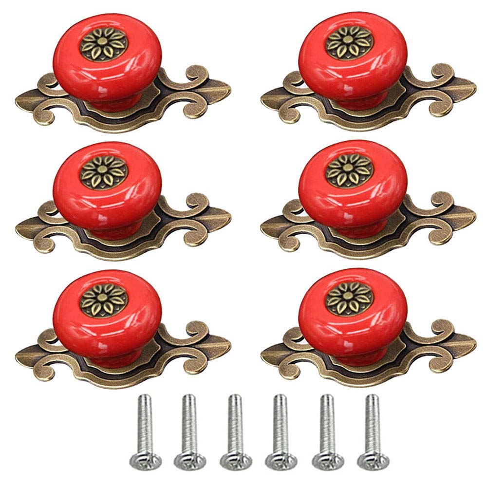 POFET 6pcs Round Ceramic Dresser Drawer Cabinet Knobs Vintage Door Handle Ceramics Furniture Pulls for Kitchen Wardrobe Cupboard Kids Room Decorative - Red