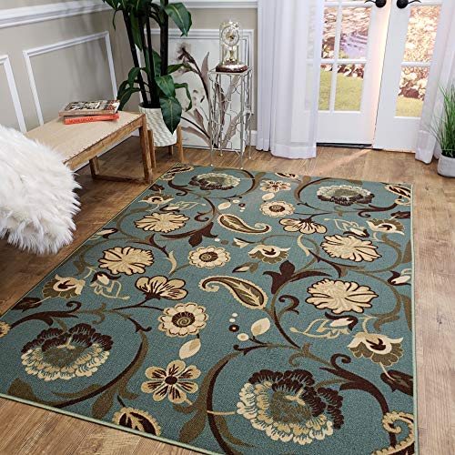 Area Rug 5x7 Teal Floral Kitchen Rugs and mats | Rubber Backed Non Skid Rug Living Room Bathroom Nursery Home Decor Under Door Entryway Floor Non Slip Washable | Made in Europe - Thumbnail 4
