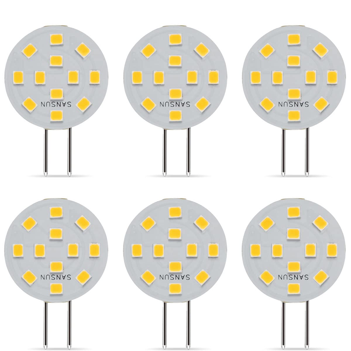 SANSUN G4 LED Bulbs 2W Equivalent to 20W Halogen, G4/GU4/GZ4 Bi-Pin Base, AC/DC12V 3000K 120° Wide Angle, Non-Dimmable (Warm White, Pack of 6) — image 1