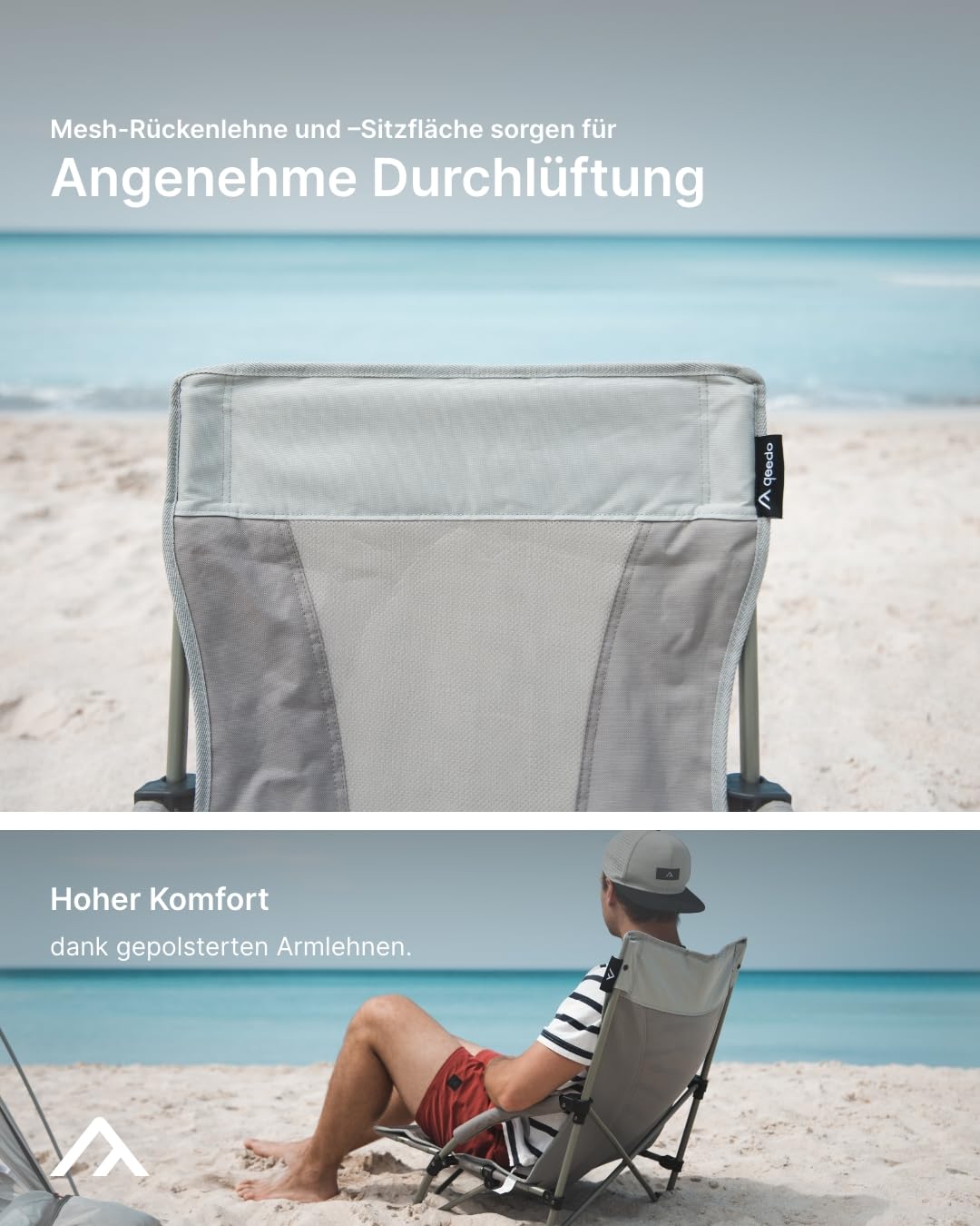 qeedo Johnny Beach Faltbarer Strandstuhl inkl. Netzbelüftung, kleines Packmaß, tragbar mit Packtasche, Sonnenstuhl klappbar, Strandhocker, Campingstuhl mit Breiten Standfüßen & niedriger Sitzhöhe 3