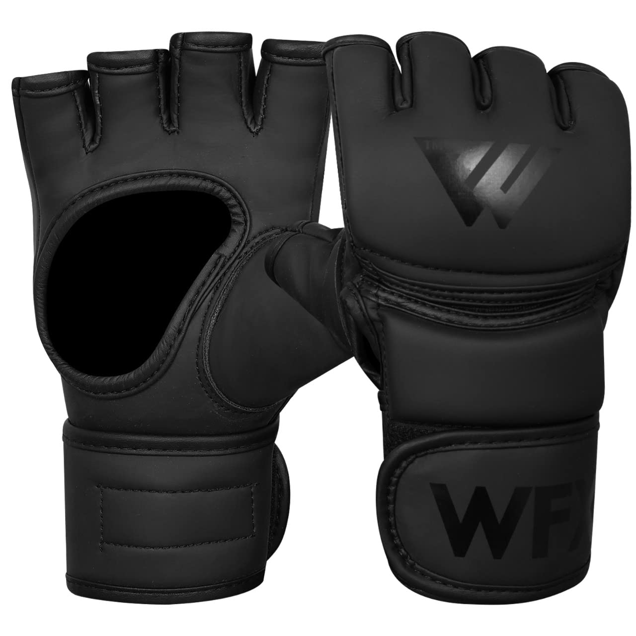 WFX MMA Boxing Gloves Open Palm Padded Knuckles Fist Wraps Martial Arts Training Leather Gloves Sparring Grappling Speed Bag Combat Mitts Kickboxing Punching Muay Thai Cut Pad Support (Black, L)