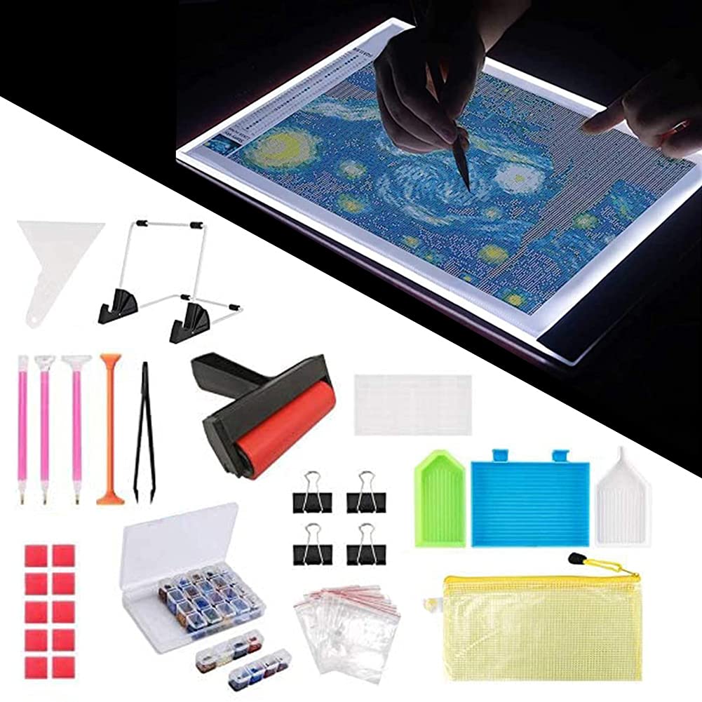 Diamond Painting Tool Kit A4 Light Box, 5D Diamond Art Painting Tools LED Light Pad Diamond Light Board with Adjustable Brightness Detachable Stand, Clips for Diamond Painting Drawing Art (133Pcs)