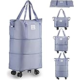 VOOWO Rolling Duffle Bag with Wheels, Expandable Foldable Duffle Bag for Travel, Rolling Under Seat Luggage Carry on Duffel Bags, Wheeled Travel Duffel Weekend Bags, Capacity 18L to 44L (Blue)