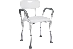 LIVINGbasics Shower Chair with Arms and Back, Height Adjustable Shower Seat Stool with Anti-Slip Rubber Feet for Elderly Seni