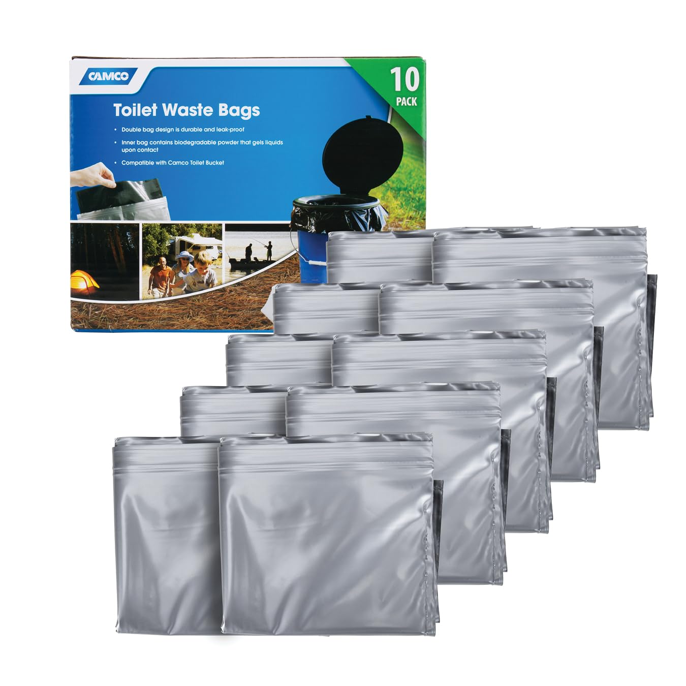 CAMCO Double Bag Design Portable Toilet Waste Bags, Black, Pack of 10 (41548)
