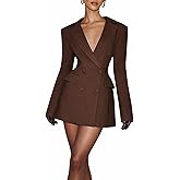Womens V-Neck Blazer Mini Dress, Long Sleeve Double Breasted Suit Dress for Party & Night Out
