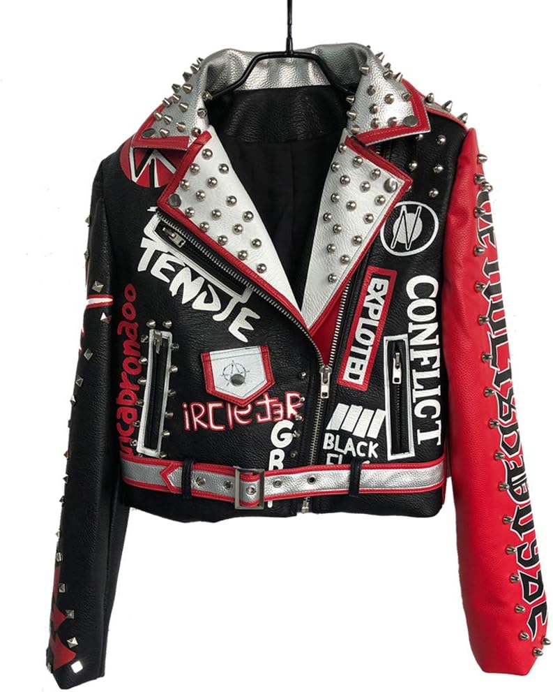 LIANDESHENG Leather Jacket for Women Short Punk Style