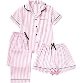 Verdusa Women's 3 Piece Striped Satin Pajama Sets Button Pj Set Short Sleeve Top and Shorts with Pants
