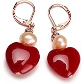Ruby Jade 15mm Heart, Freshwater Pearl Spacers Dangle Rose Gold Leverback Earrings, Vintage Natural Gemstone Handmade Gift For Her