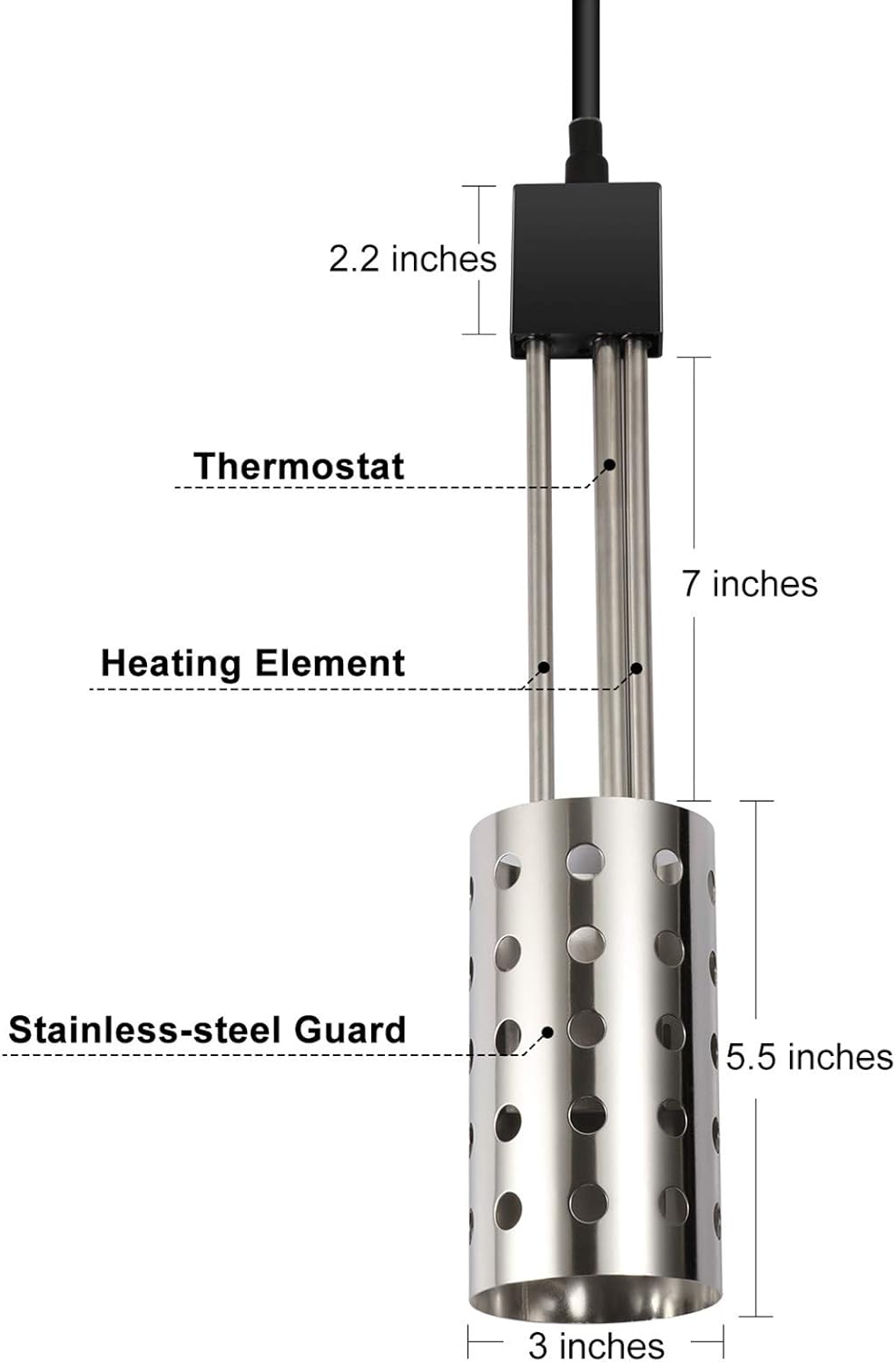Gesail 1500W Electric Immersion Heater, UL-Listed Bucket Water Heater with 304 Stainless-steel Guard, Submersible Bucket Heater with Thermostat and Auto Shutoff, Heats 5 Gallons Water in Minutes - - 
