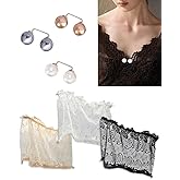 MYDUOLIA 3-Piece Lace Modesty Panel Set with Brooch Pins - Adjustable Cleavage Cover for Dresses, Floral Bra Inserts Beige/Black/White (3 Panels + 3 Pins)