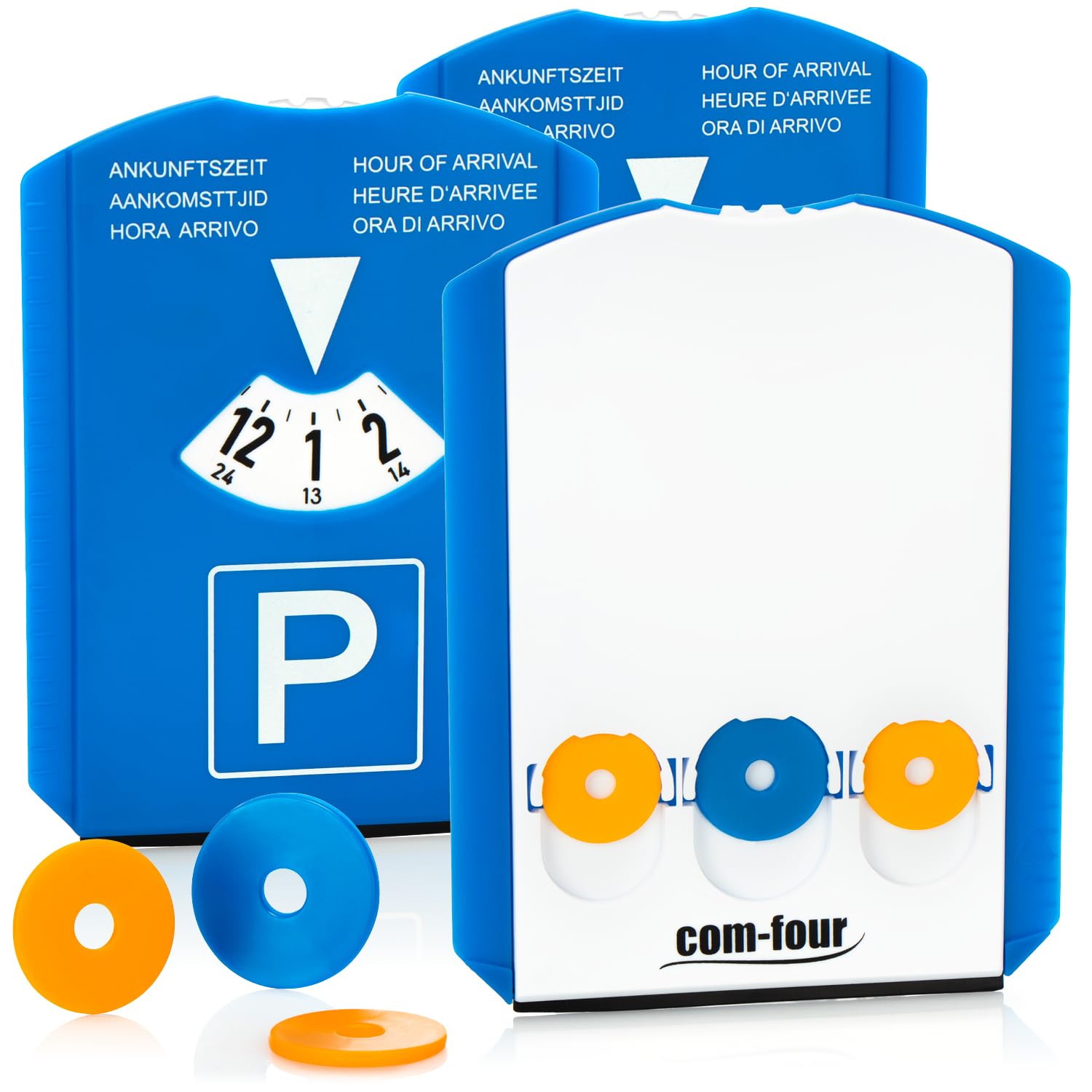 com-four® 3x parking disc with ice scraper, rubber lip and 3 shopping cart chips - plastic parking meter (03 pieces - parking disc with chip)