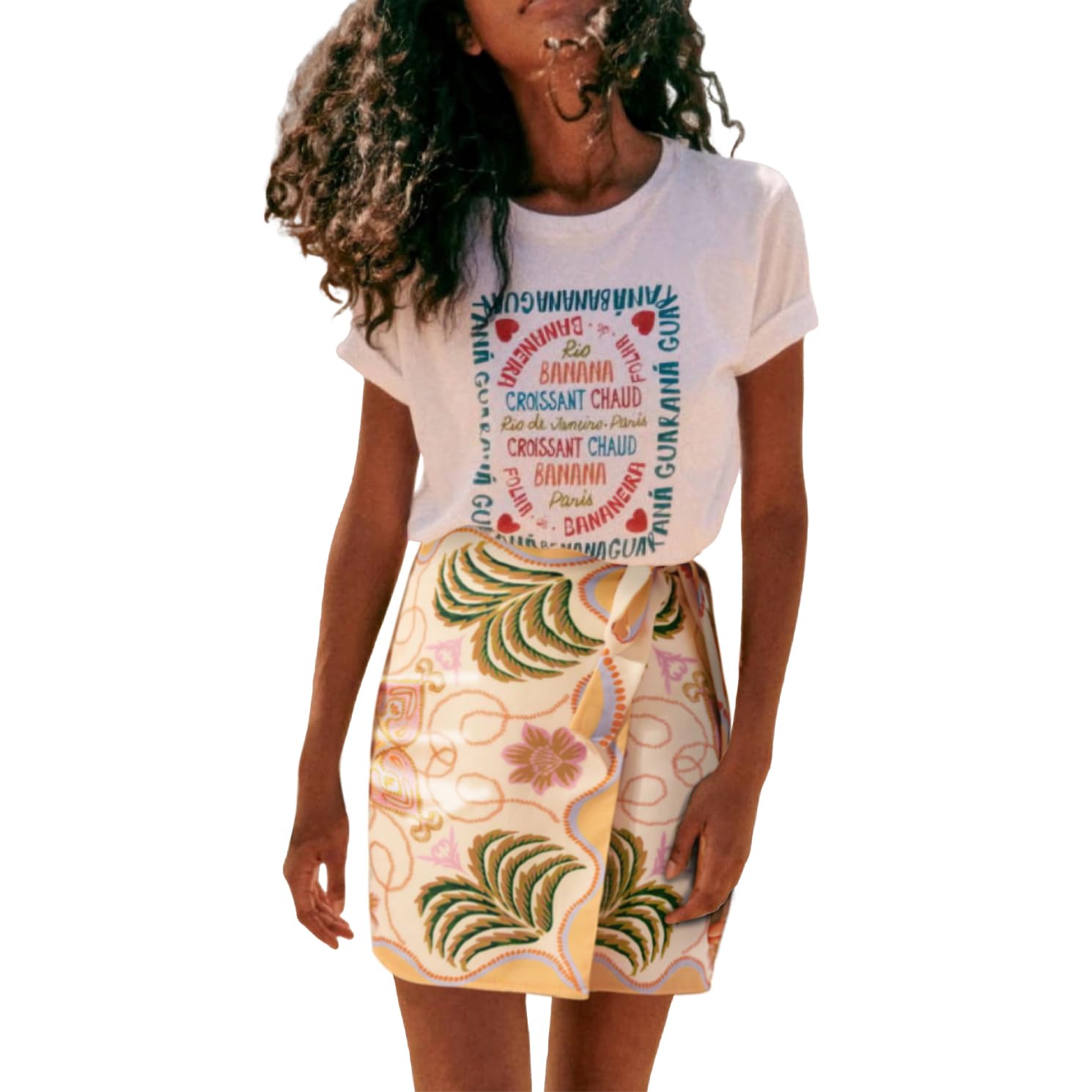 Photo 1 of Talakeno Womens Summer Floral Wrap Short Skirt Tie Side High Waist A Line Beach Vacation Boho Mini Skirt(Green-Pink,M)