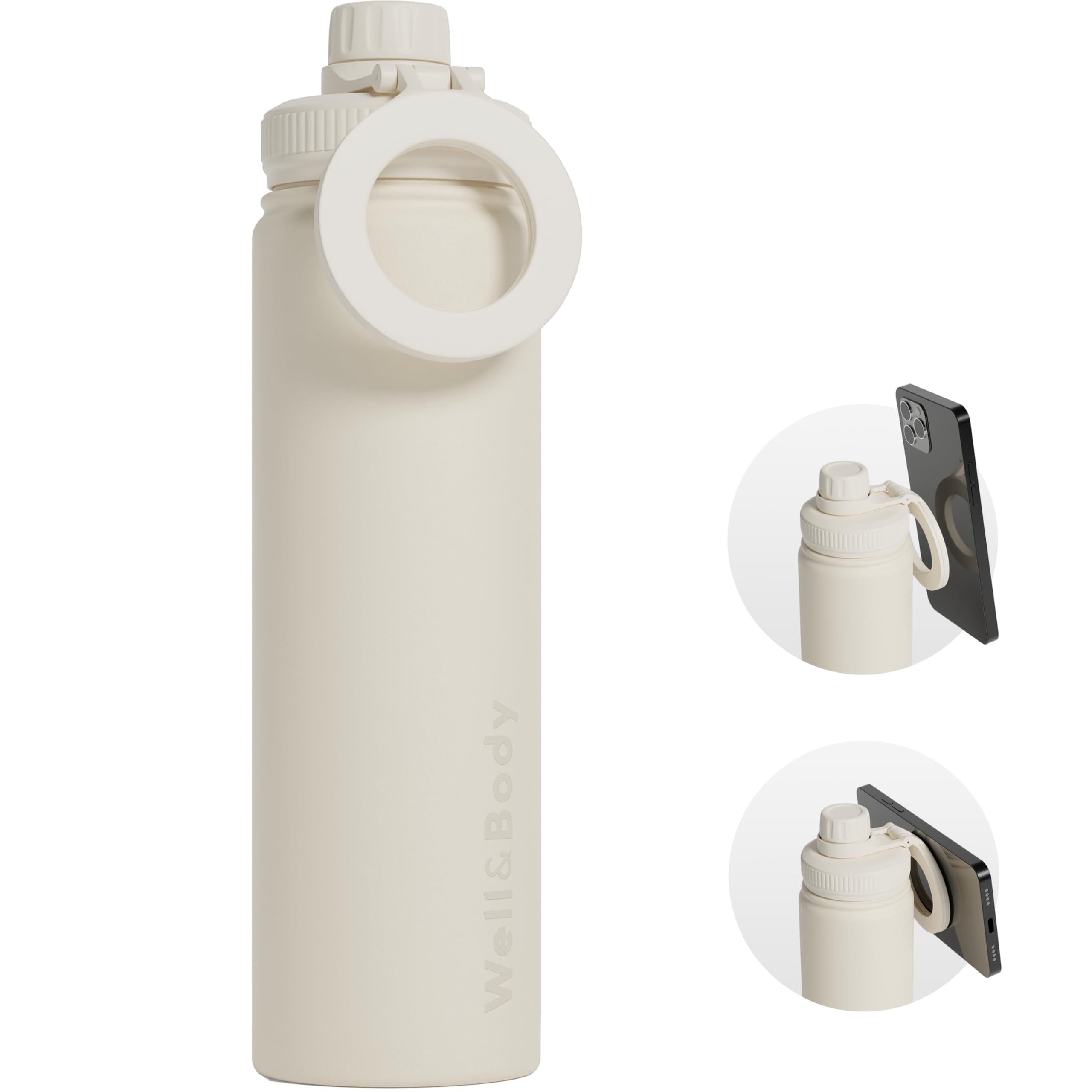 Well & Body Magnet’O Magnetic Bottle 750mL | Insulated Water Bottle with Magnetic Phone Holder Compatible with MagSafe | Stainless Steel, BPA-Free | Tripod for Selfie Fitness & CrossFit [CREAM]