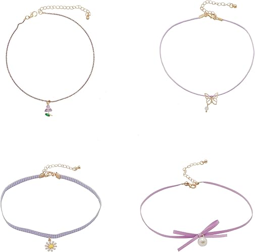 Amazon 卓上棉品 チョーカー 4点 首輪 レディース パール かわいい おしゃれ 首輪 リボン レース 調整可能 パープル ピンク チョーカー 通販