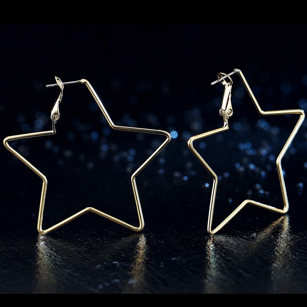 dnswez 14K Gold Plate Pentagram Hoop Earrings Five-pointed Star Brass Statement Earring for Girl Women